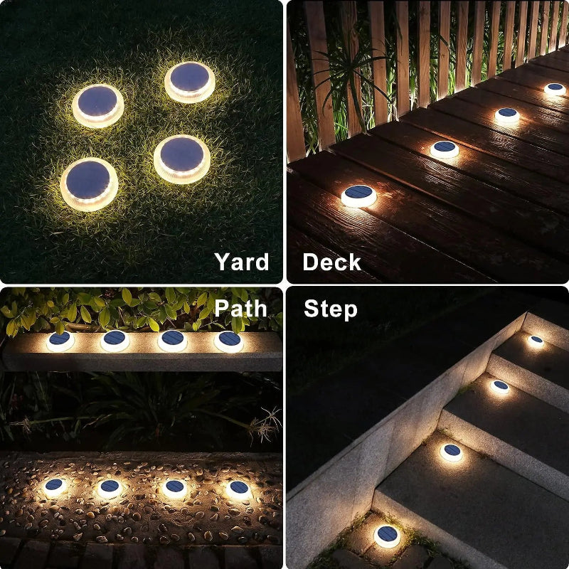 Solar-powered outdoor lights used on a yard, deck, path, and step.