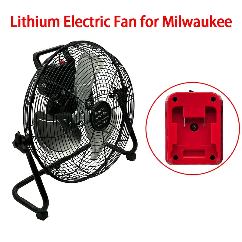 Lithium electric fan for Milwaukee with a red battery pack inset on a white background.