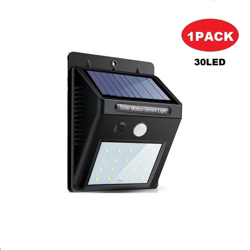 Solar motion sensor light with 30 LEDs on a white background