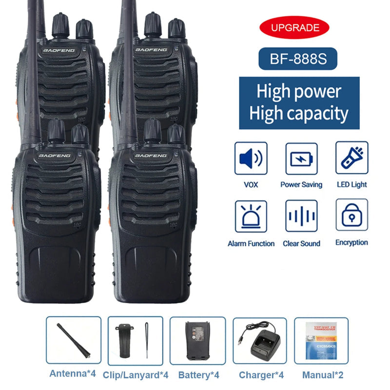 Two black walkie-talkies with product details on a white background