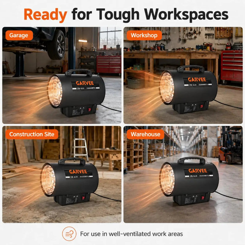 A four-panel promotional graphic showing a GARVEE industrial heat lamp in use in different workspaces: Garage, Workshop, Construction Site, and Warehouse. The panels show the black heat lamp in action with bright orange light beams, with labels indicating the environment and a note at the bottom stating 'For use in well-ventilated work areas'.