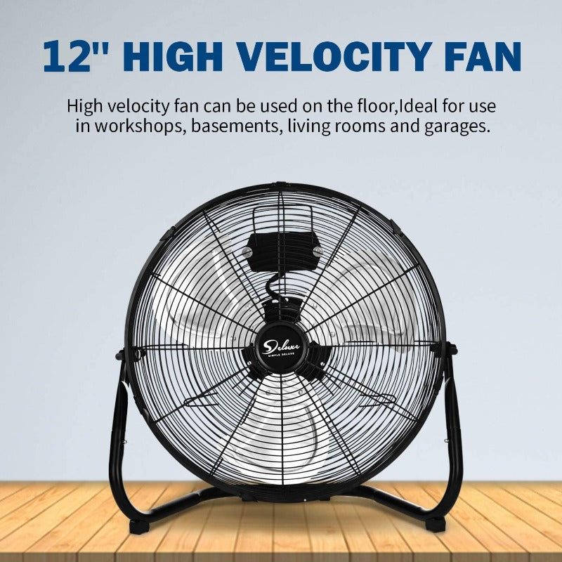 Simple Deluxe 12 Inch 3-Speed High Velocity Metal Industrial Floor Fans Quiet for Home, Residential, and Greenhouse Use