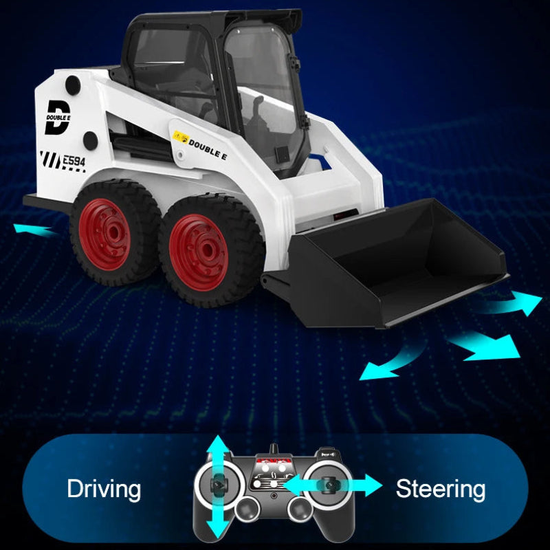 A remote-controlled toy construction vehicle, specifically a white and black skid steer with red wheels, shown on a dark blue digital background with text reading 'RC Construction Equipment Series' and a controller illustration at the bottom.