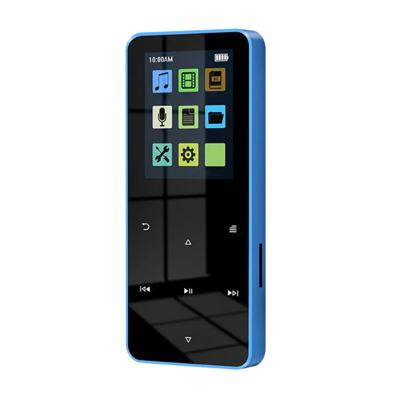 Blue digital device with a screen displaying icons on a white background