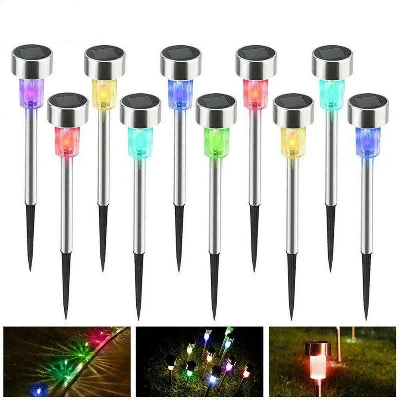 10-pack of colorful solar-powered LED garden lights on a white background.