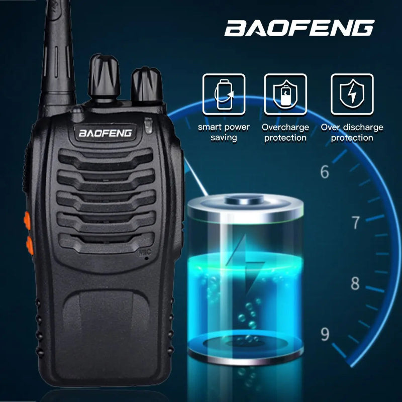 Baofeng walkie talkie with battery icon and text on a dark background