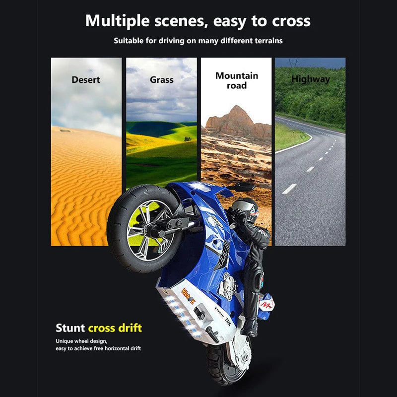 Motorcycle performing stunts in various terrains with text highlighting versatility.