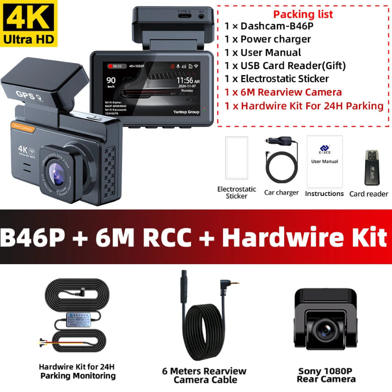 Car dashboard camera with packaging list and additional components on a black background