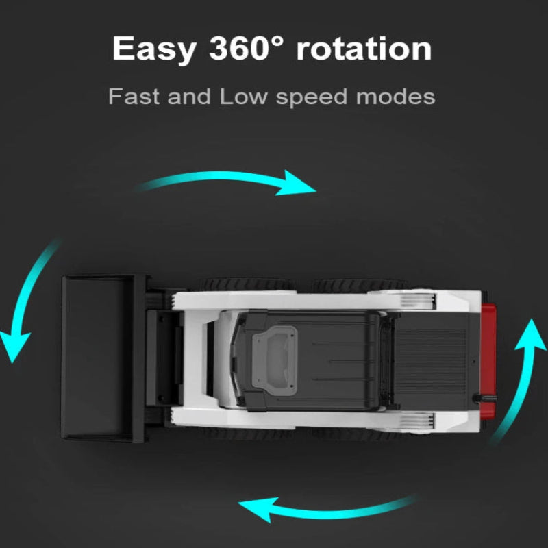 Top-down view of a white and black rectangular product on a dark background with cyan arrows showing rotation and text reading 'Easy 360° rotation' and 'Fast and Low speed modes'.