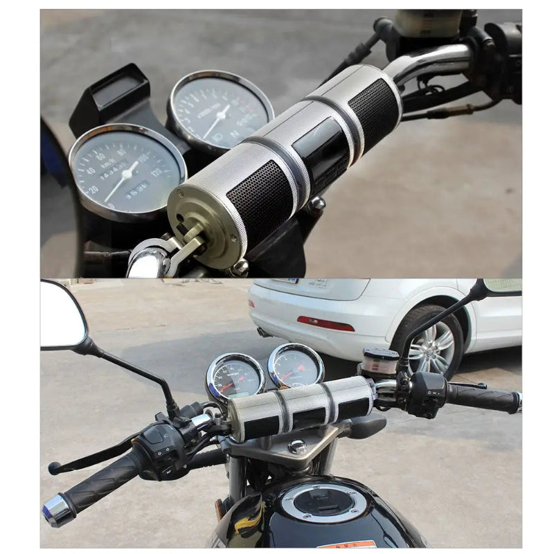 Close-up of motorcycle handlebar with gauges and mirrors, with a car in the background.