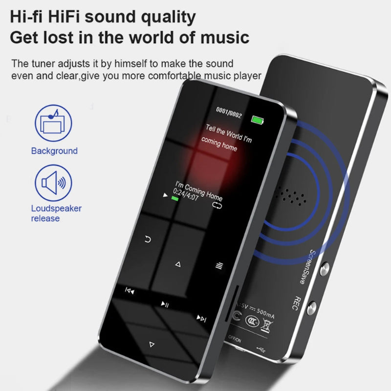 Black music player with display and buttons on a white background, featuring text about hi-fi sound quality.