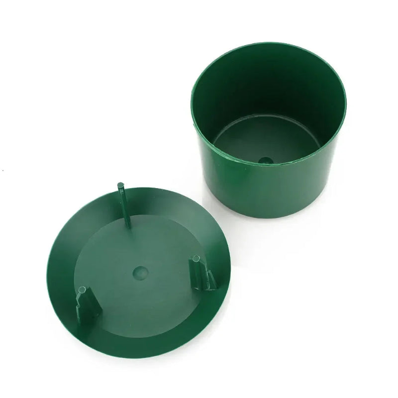 Two green plastic pots on a white background
