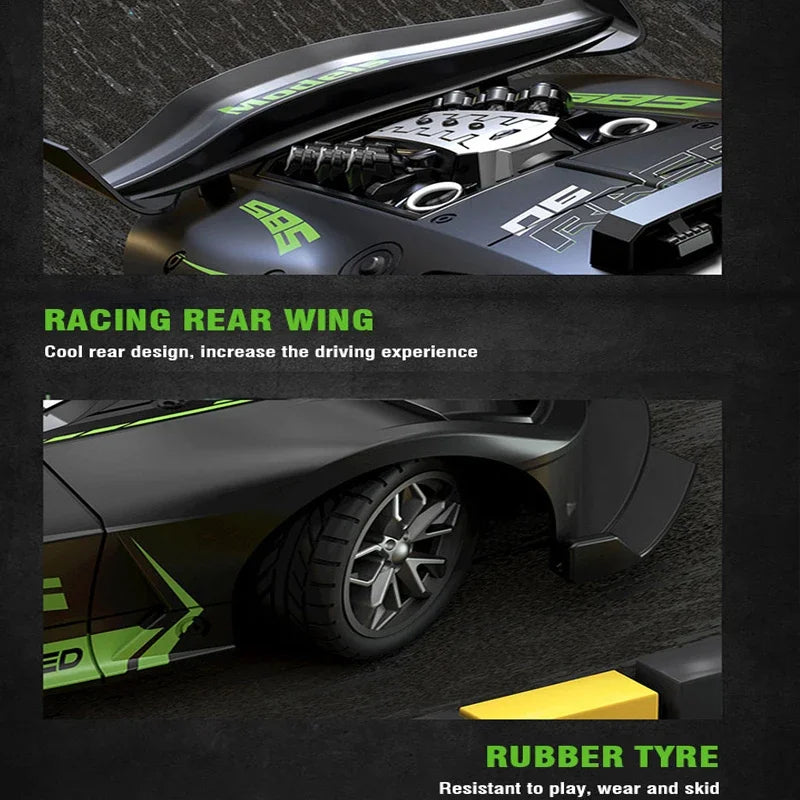 Car racing rear wing with 'Racing Rear Wing' text and 'Rubber Tyre' text on a dark background.