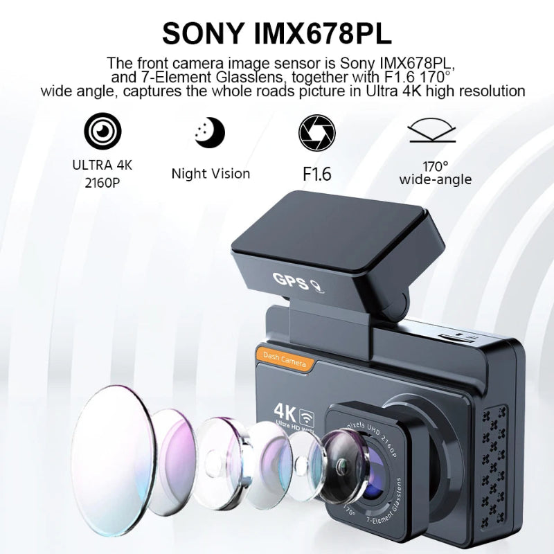 Car dashboard camera with Sony IMX678PL sensor and features listed on a white background