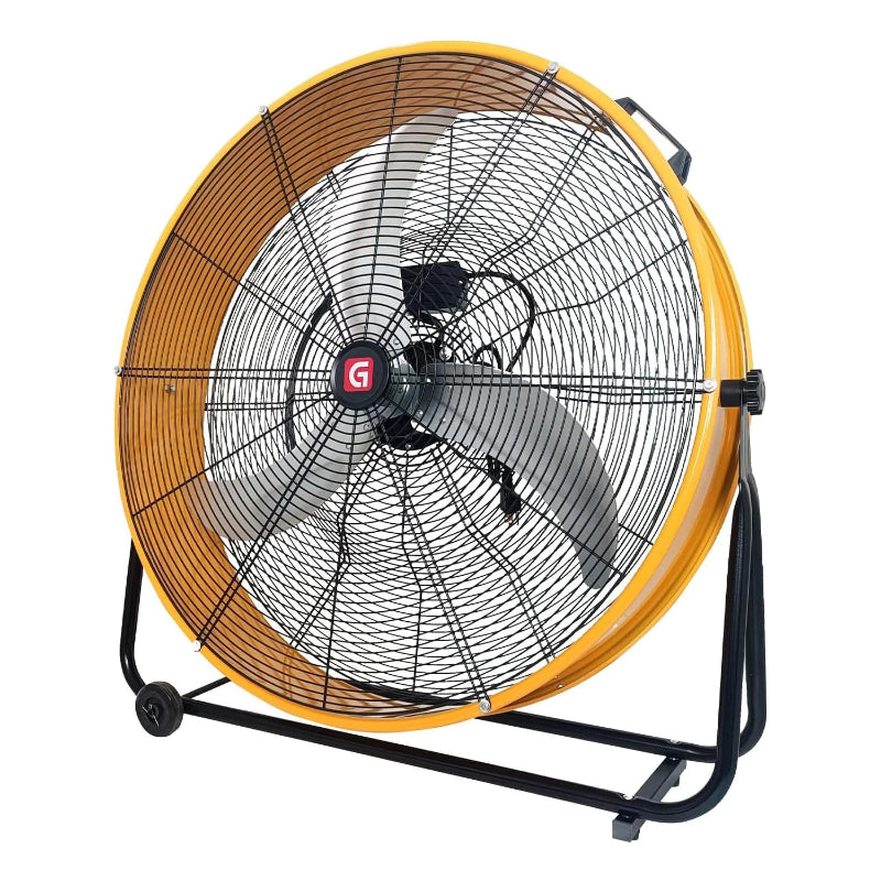Large industrial fan with yellow rim and black frame on a white background