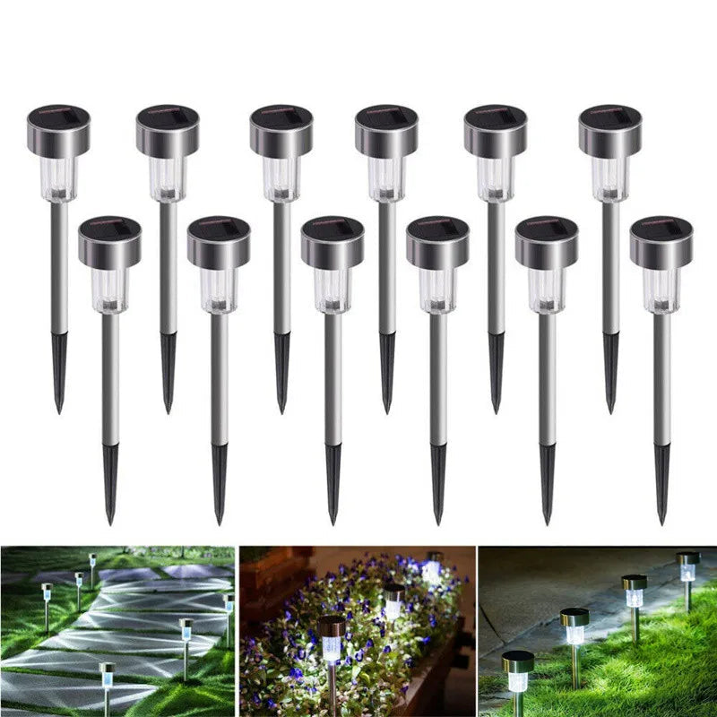 Set of solar-powered garden lights with additional usage examples on a white background.