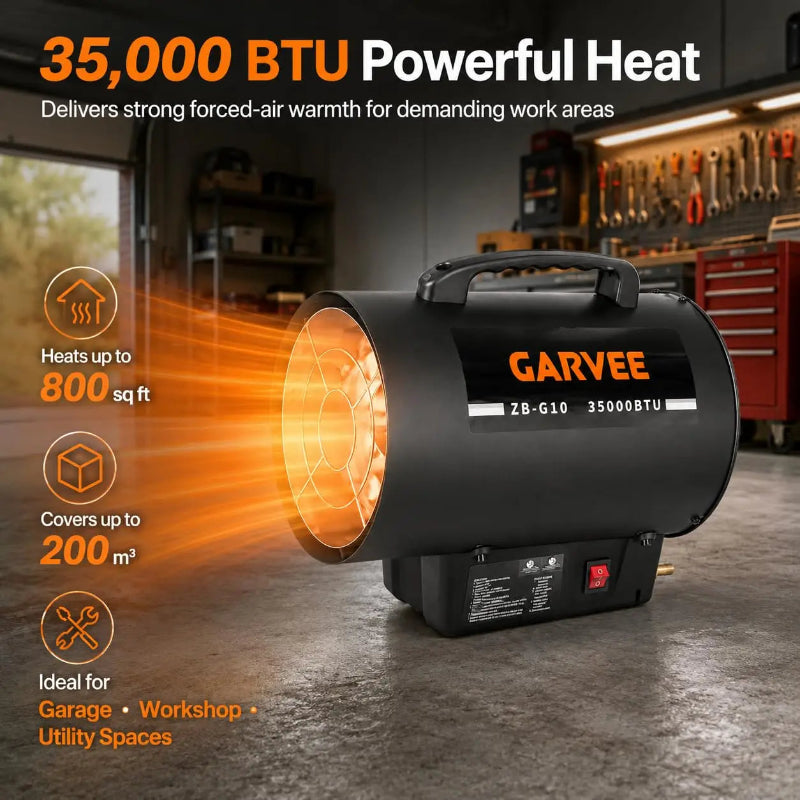 Garvee Z8-G10 35000 BTU industrial heater in a garage workshop setting, with promotional text highlighting its powerful heat and coverage area.