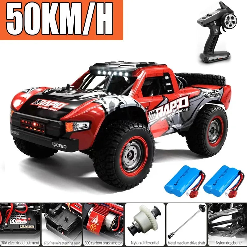 A composite image showing three remote control trucks in motion. One truck is blue with the word 'RAPID' on its side, another is red with 'RAPID' and LED lights, and a third is in the air showing the truck's suspension system.