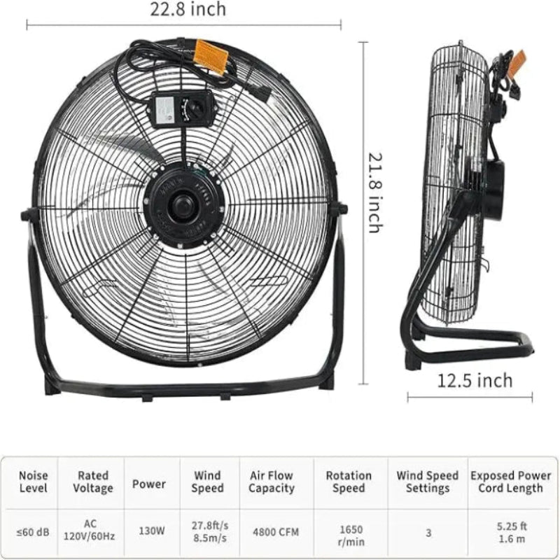 Measurement chart of a large industrial fan with dimensions and specifications.