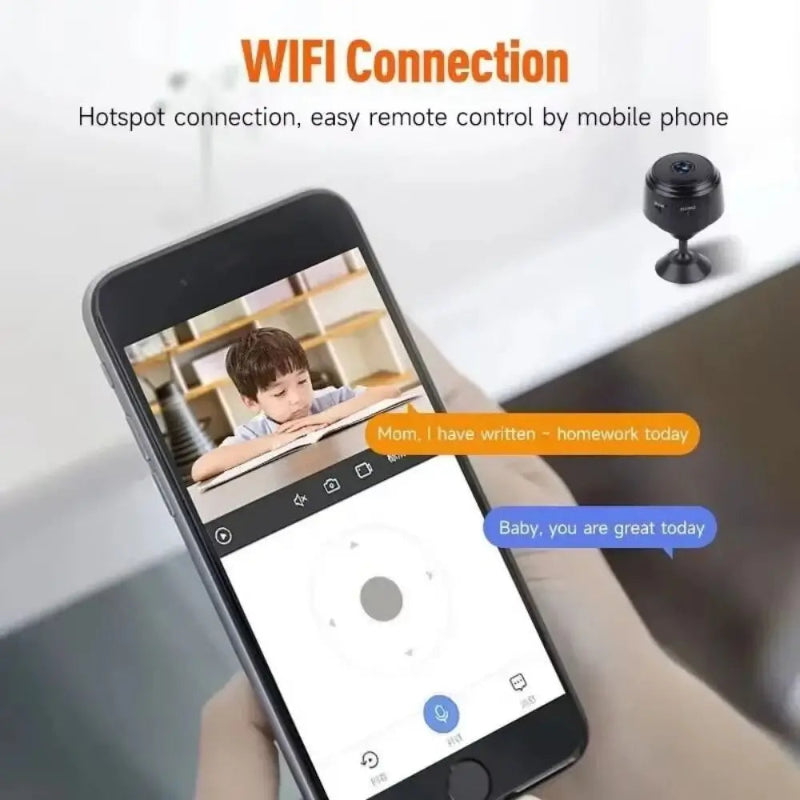 Smartphone with video call app showing a child, with a camera and text about WiFi connection and remote control.