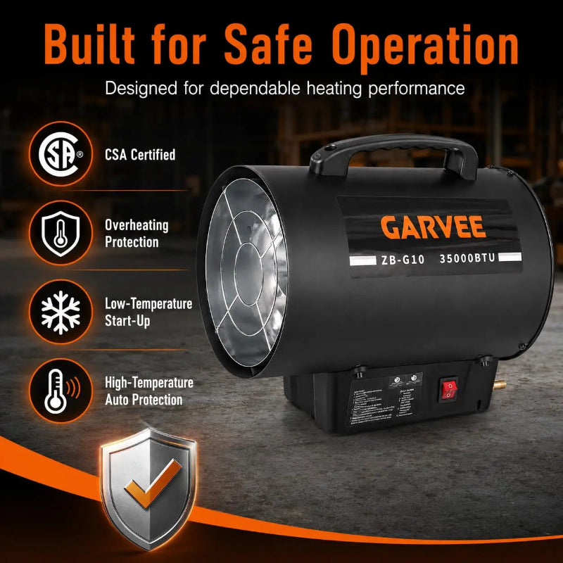 A black GARVEE gas heater shown on a dark studio-style background with promotional text and feature icons. The heater has a handle, a front fan grille, and a visible power switch on the base.
