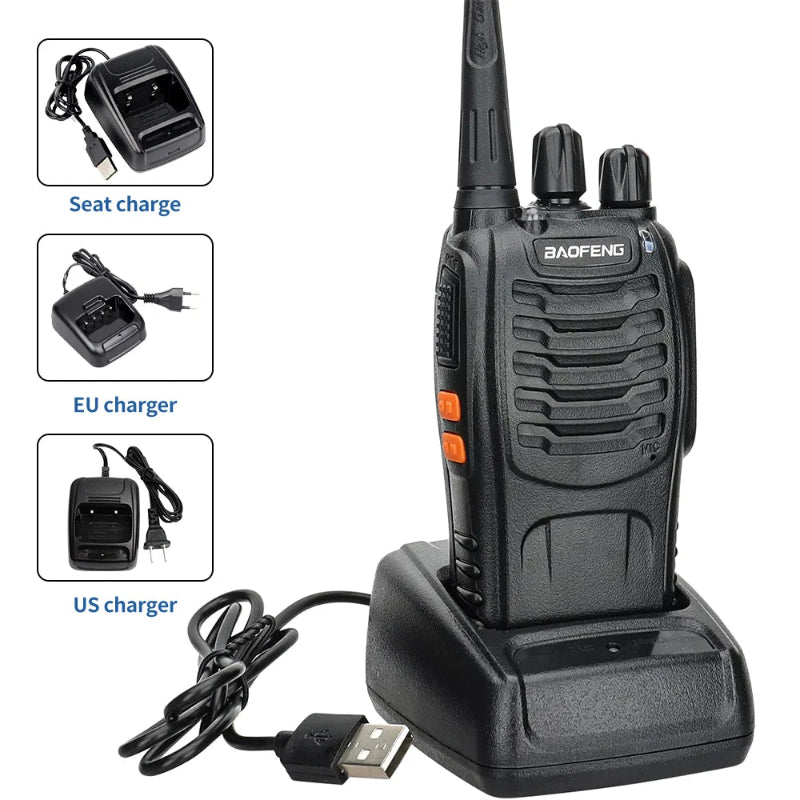 Black walkie-talkie with charging cables on a white background