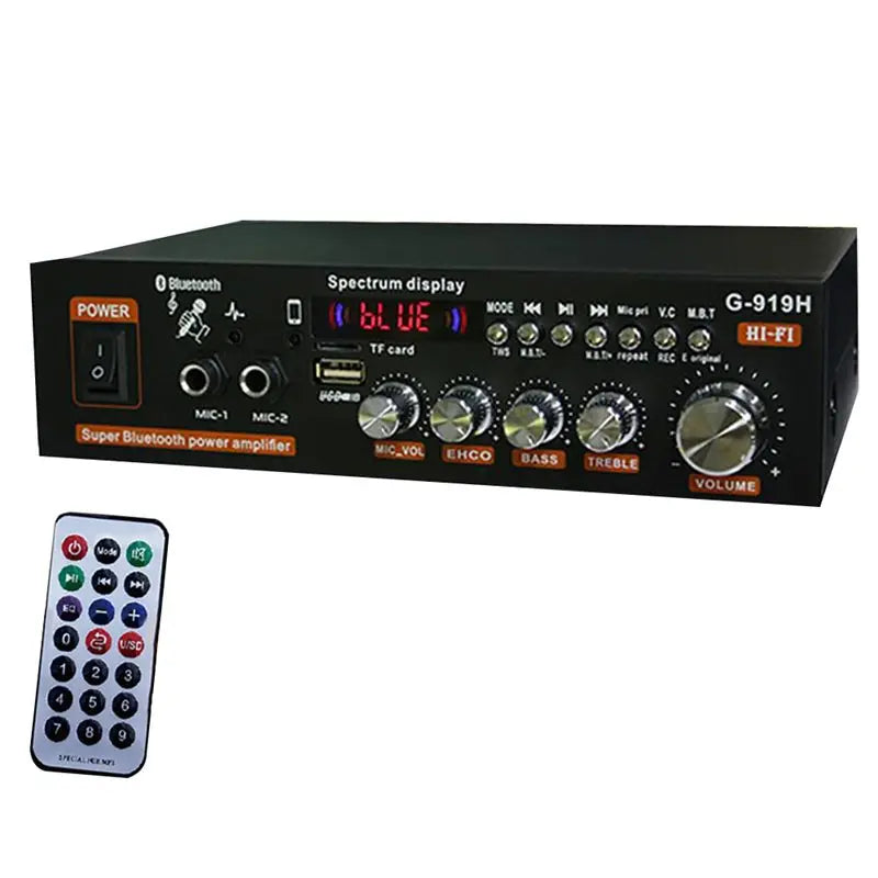 Audio amplifier with remote control on a white background