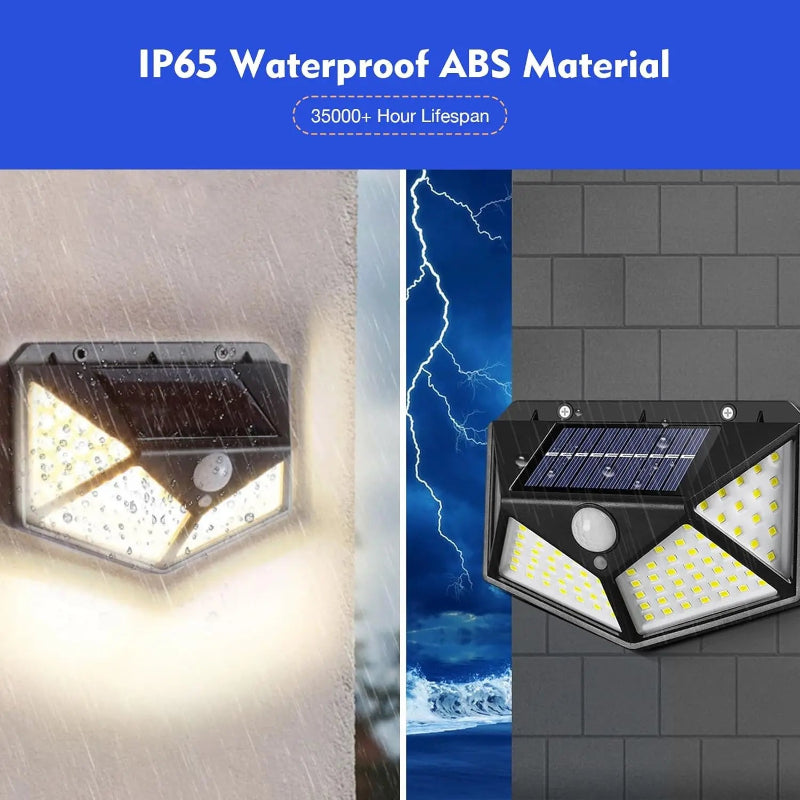 Solar-powered outdoor light with IP65 waterproof rating and ABS material, shown in various settings.