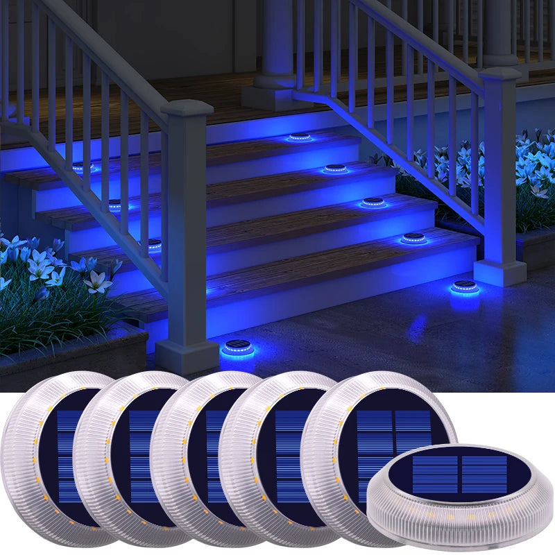 Solar-powered deck lights on a staircase with additional lights displayed below.