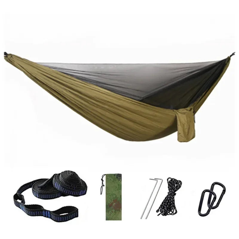 Camping Hammock with Mosquito Net Portable Parachute 6 Ring Strap Double Travel Hammock,outdoor Backpacking Hammock Swing Chair