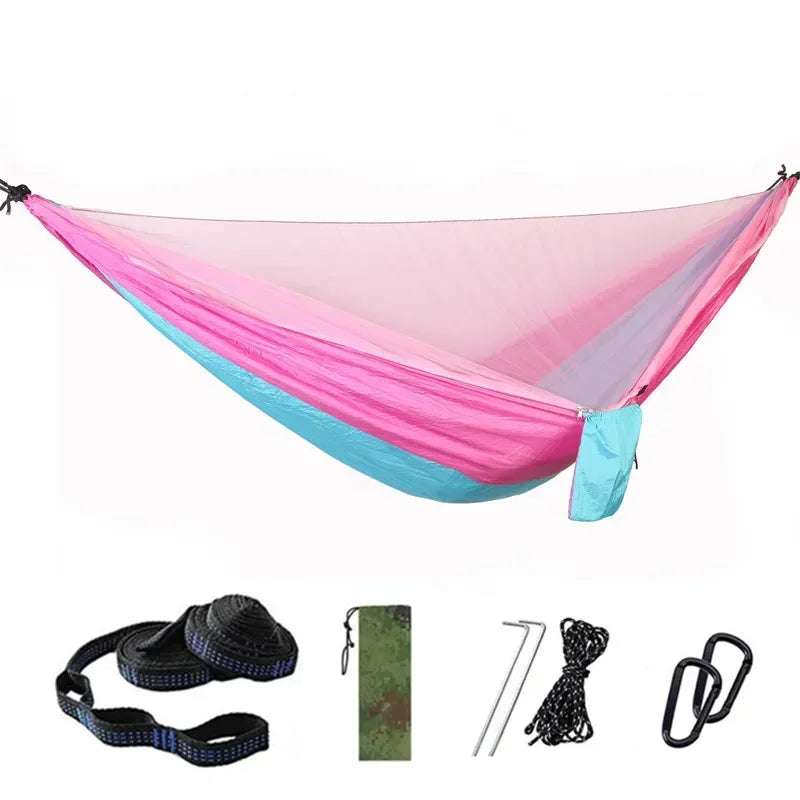 Camping Hammock with Mosquito Net Portable Parachute 6 Ring Strap Double Travel Hammock,outdoor Backpacking Hammock Swing Chair