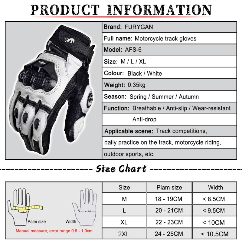 Motorcycle track gloves with brand information and size chart on a gray background
