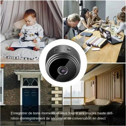Collage of a security camera with scenes of a child, people at a table, and a house exterior.