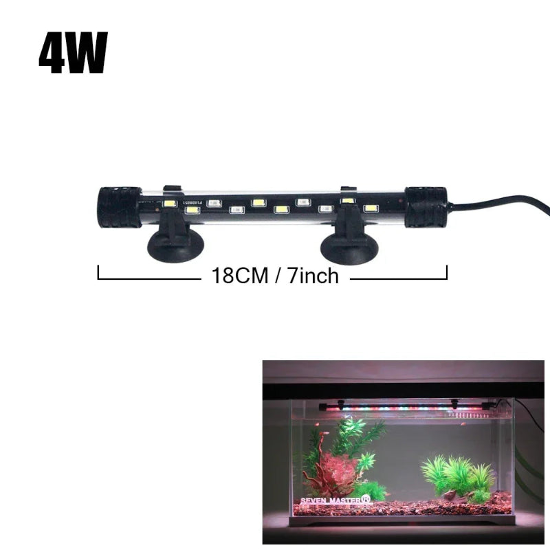Aquarium light with dimensions and a sample setup on a white background