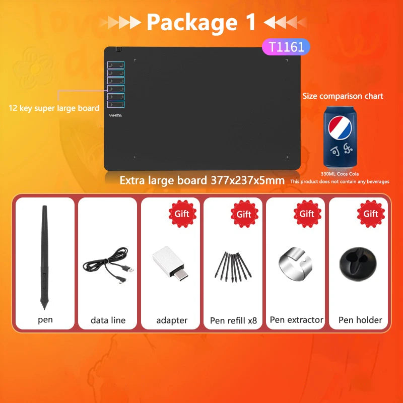 Product package with electronic components and accessories on an orange background