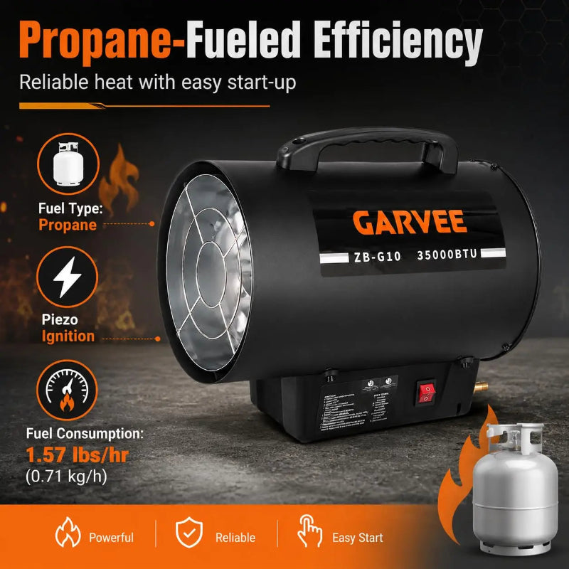 Garvee ZB-G10 35000BTU propane fueled heater shown in a promotional graphic with feature callouts and a small propane tank illustration.