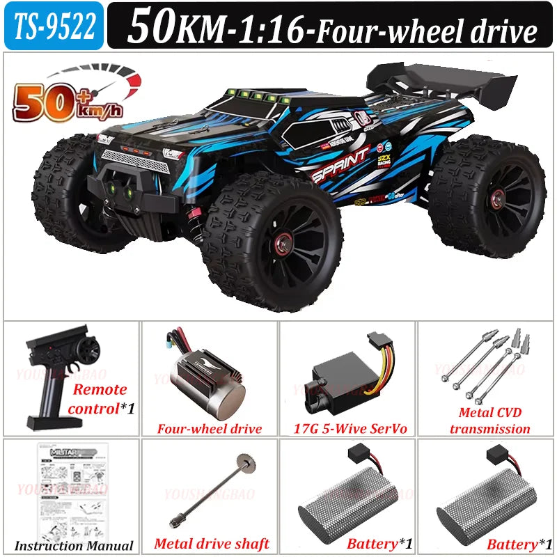Model of a remote-controlled car with specifications and accessories displayed.
