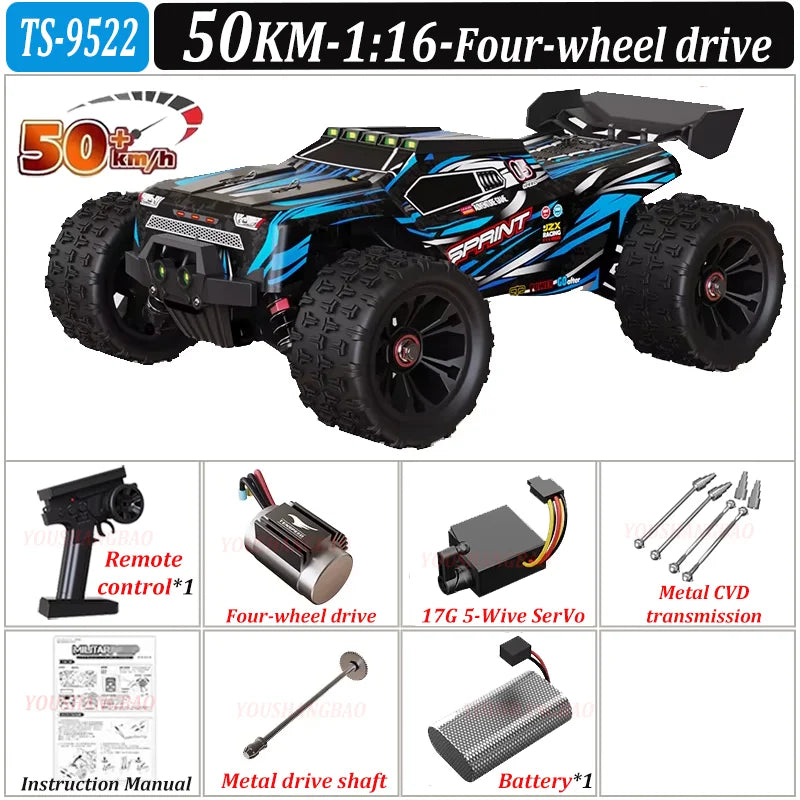 Model of a remote-controlled four-wheel-drive vehicle with specifications and included items displayed.