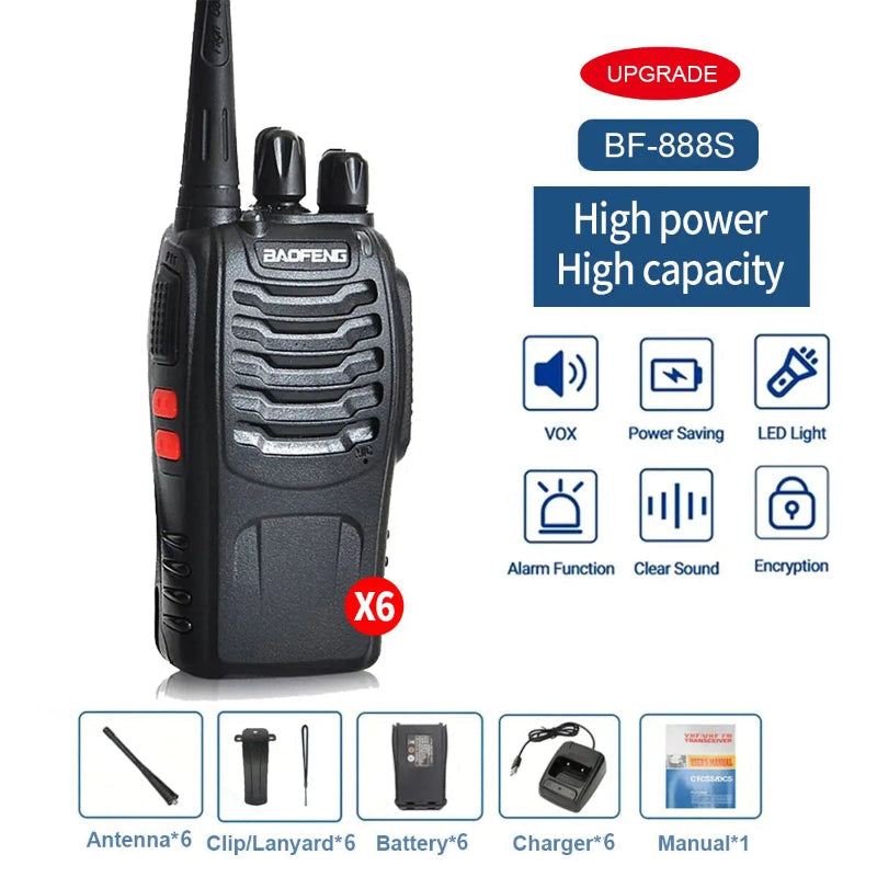 Black walkie-talkie with features listed on a white background