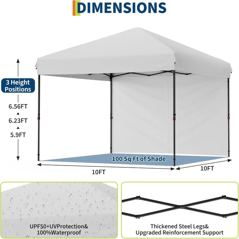 Canopy tent with dimensions and features on a white background