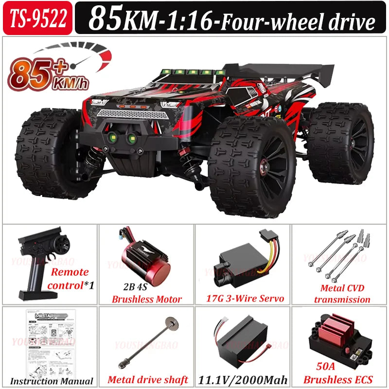 Model of a remote-controlled vehicle with specifications and components displayed.