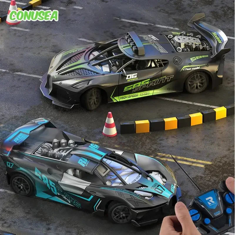 Two remote-controlled cars on a track with a hand holding a remote control, branded 'CONUSEA'.