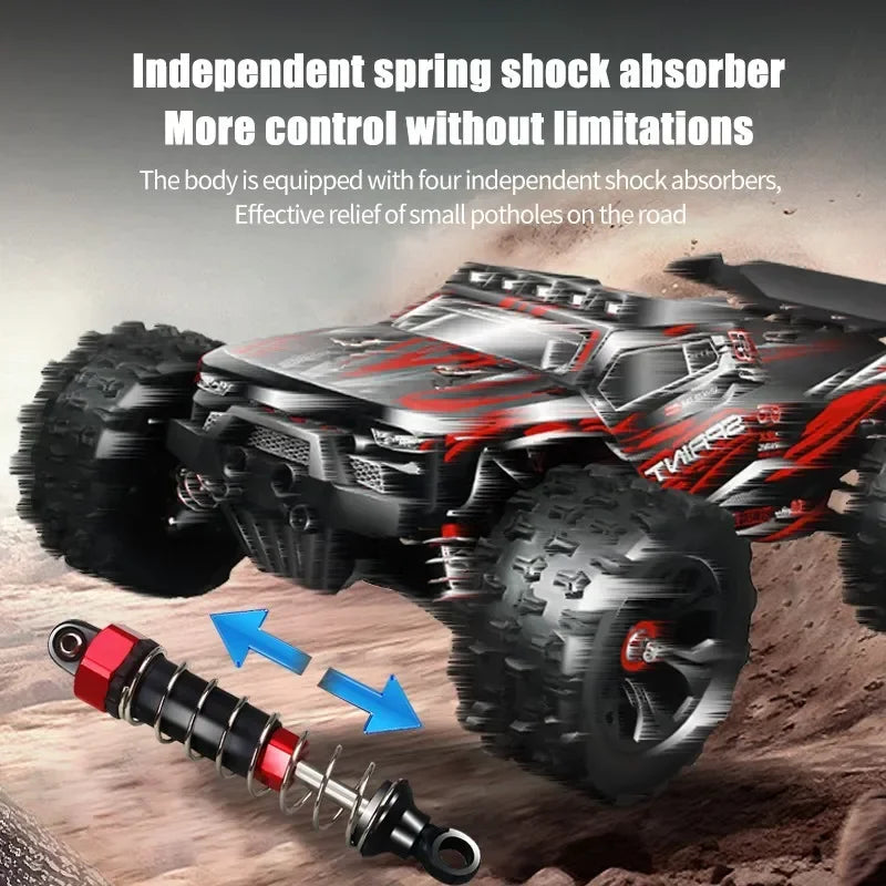 Model of a remote control car with independent spring shock absorbers on a textured surface.