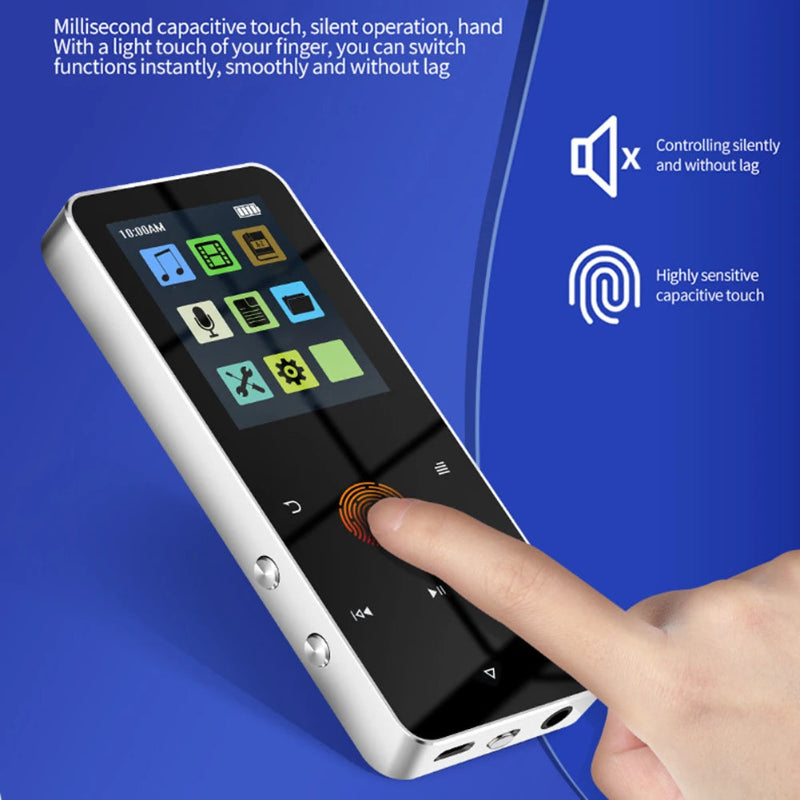 Handheld device with touchscreen interface on a blue background, featuring text about capacitive touch and silent operation.