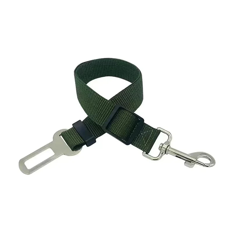 Green car safety belt with metal clip on a white background