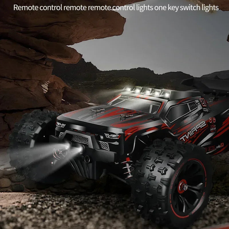 Remote control car with LED lights in a rocky terrain setting