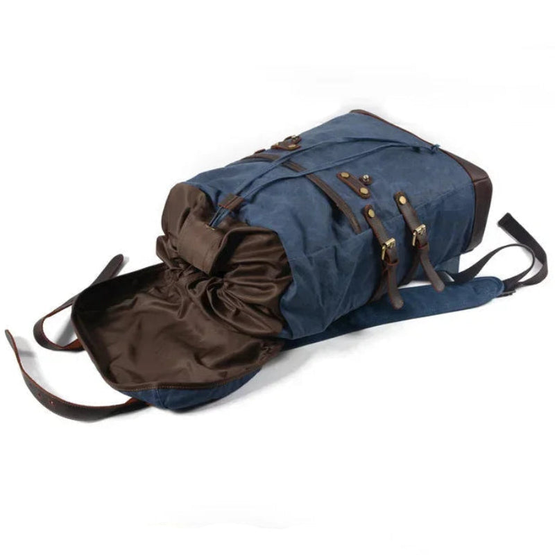 Blue and brown duffel bag on a white background