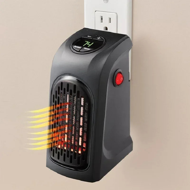 Portable space heater emitting heat rays on a beige wall background
