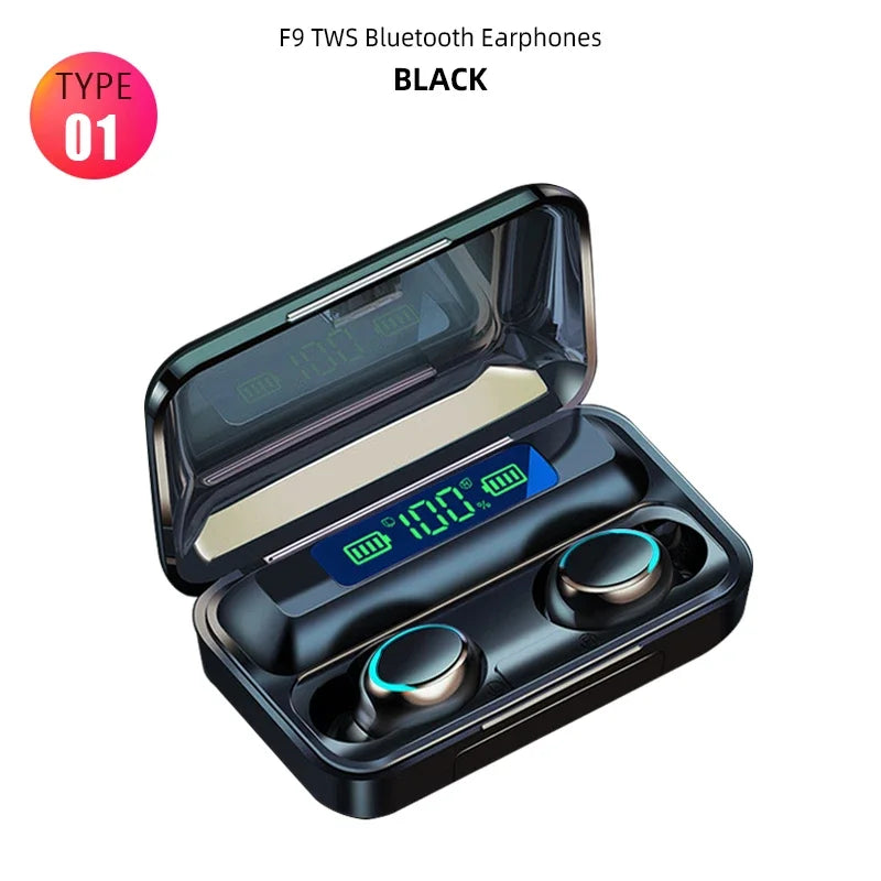 Black F9 TWS Bluetooth Earphones in open case with digital display on a white background
