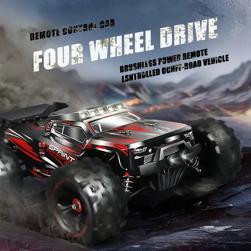 Remote control car with four-wheel drive on a rocky terrain